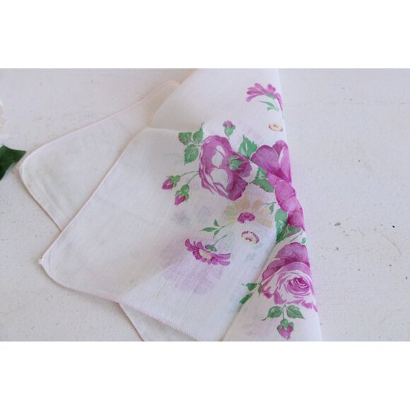 Vintage 1950s Cotton Handkerchief Floral Print, Pink Purple Roses Hankie - Picture 7 of 10